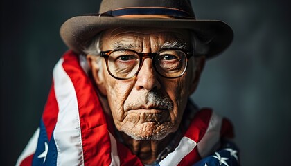 Wall Mural - Serious portrait of a senior man in glasses and a hat proudly holding an American flag