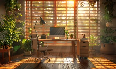 Wall Mural - A serene modern office filled with natural light and greenery, promoting productivity and a calming atmosphere.