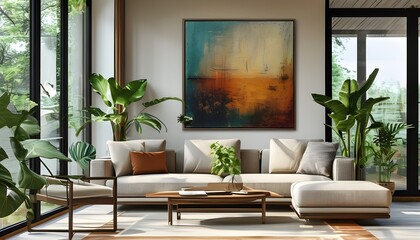 Wall Mural - Modern living room with large window, stylish sofa, coffee table, vibrant plant, and artistic wall decorations