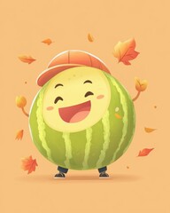 Wall Mural - playful melon character wearing a cap in autumn theme