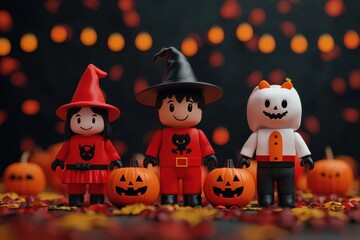 Kids in Halloween costumes, trick-or-treating at night, 3D illustration