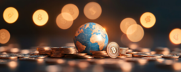 Globe surrounded by stacks of coins, with regulatory stamps and seals in the background global finance, regulation, currency