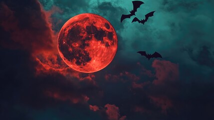 Spooky Night with Full Blood Moon and Bats in Cloudy Sky