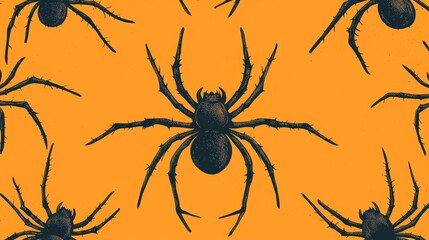 Canvas Print - Seamless pattern featuring black spider on orange background