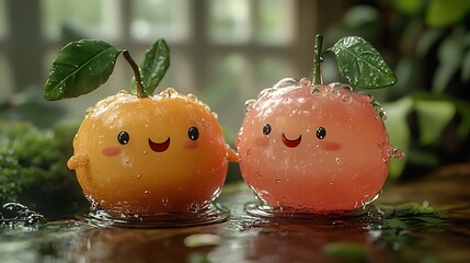 Wall Mural - Two cute cartoon fruits with happy faces, one orange and one pink, are standing together in a puddle of water.