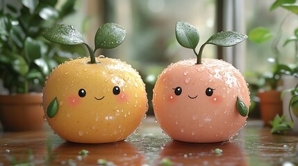 Two cute cartoon oranges with smiling faces and green leaves, wet with water droplets.