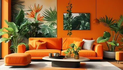 Wall Mural - Chic living room design featuring vibrant orange walls, a cozy sofa, and lush tropical greenery