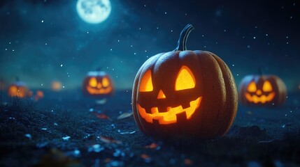 Sticker - Glowing Jack O Lanterns Under Moonlight In A Spooky Night Scene