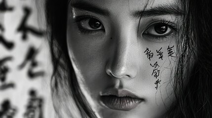 Poster - Close-up Portrait of a Woman with Chinese Characters Written on Her Face