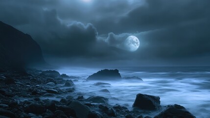 Wall Mural - misty stormy full moon night on a rocky beach stock image