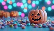 © bajita111122 - Halloween candy spread on a table, colorful treats and glowing pumpkins, 3D illustration