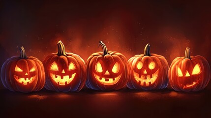 Poster - Halloween pumpkins with smiles on a dark background