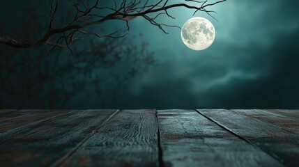 Sticker - Halloween themed wooden floor with branch and blurred full moon in dark style