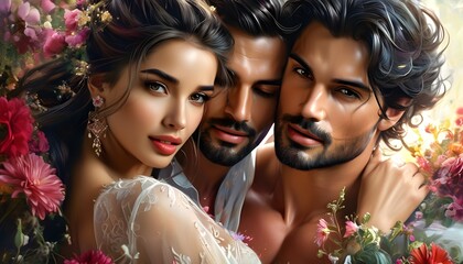 Wall Mural - Passionate embrace of a muscular man and elegant woman surrounded by rich colors and vibrant flowers