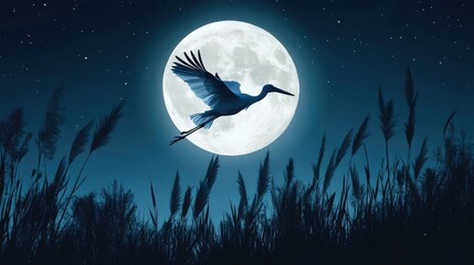 Wall Mural - Stork flying against a full moon over pampas grass serene night scene