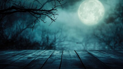 Wall Mural - halloween themed wooden floor with branch and blurred full moon in dark style