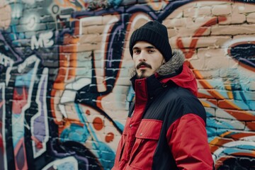 Trendy Urban Portrait of Man in Streetwear Against Vibrant Graffiti Background for Modern Editorial Design