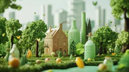 Poster - Miniature Village with Green Buildings and Trees