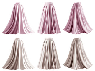 2 Set of pastel light pink beige cream maxi long pleated flowy flare skirt, front back side twirl view on transparent cutout, PNG. Many different angle. Mockup template for artwork graphic design