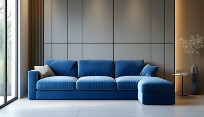 Sophisticated minimalist living room featuring a blue couch complemented by stylish paneling walls