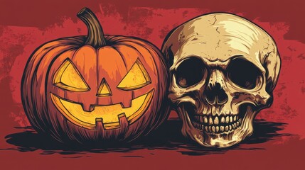 Halloween party advertising banner featuring a carved pumpkin and a human skull