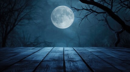 Wall Mural - halloween themed wooden floor with branch and blurred full moon in dark style