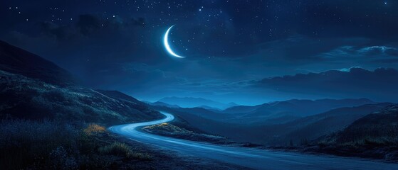 Wall Mural - scenic night landscape with moon over mountain road