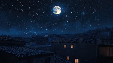 Wall Mural - full moon glowing in dark starry sky over rooftops
