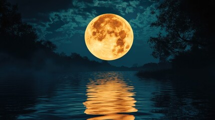 Wall Mural - serene full moon reflecting on water at night