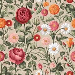 Wall Mural - pattern with blush pink roses and flowers