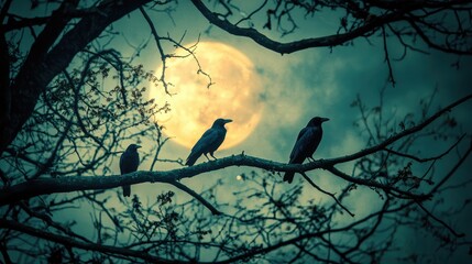 Wall Mural - mysterious night scene with luminous moon and crows in twilight sky