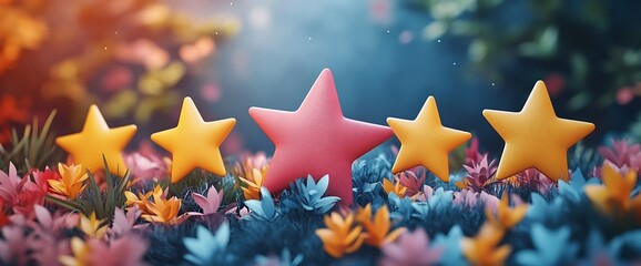 Poster - Four 3D stars in a field of flowers with a red one in the center.