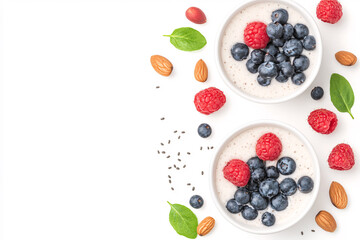 Two bowls of fruit and nuts on a white background. The bowls are filled with blueberries and raspberries