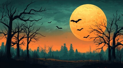 Wall Mural - Halloween themed background with autumn scenery featuring trees and a full moon providing space for text