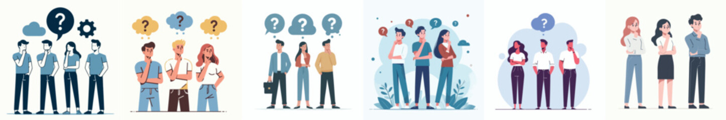 Wall Mural - vector set of teenage characters thinking in a simple and minimalist flat design style. plain white background