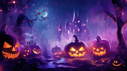 Wall Mural - Halloween Collage with Jack o Lanterns in Purple Haze