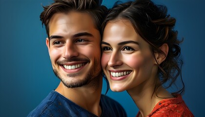 Wall Mural - whimsical portrait of playful young couple against a vibrant blue backdrop showcasing sharp wit and clever humor