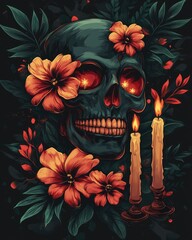 Canvas Print - Colorful skull with flowers and candles on dark background with space for text