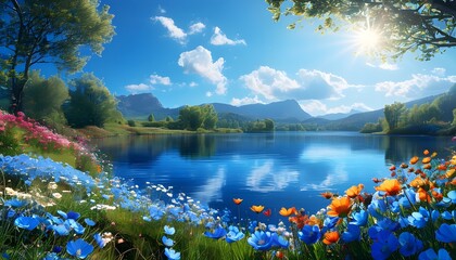 Wall Mural - sunlit blue lake framed by vibrant blooming flowers in a picturesque natural landscape