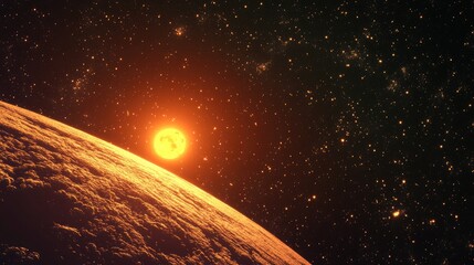 Wall Mural - sunrise from space with stars and the sun in a 3d cartoon rendering