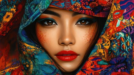 Wall Mural - Close-up Portrait of a Woman with Intricate Floral Headscarf