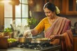 © NusratJahan - Indian woman cooking in a kitchen with steam rising from a pot, morning light