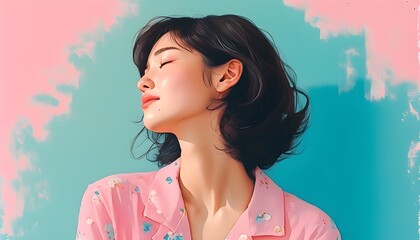 Wall Mural - Serene Moment of Bliss in Pastel Hues: A Japanese Vintage Kawaii Illustration Capturing Peaceful Relaxation and Joy