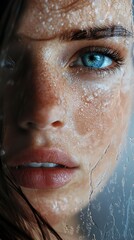 Wall Mural - Close Up Portrait of a Woman with Water Drops on Her Face