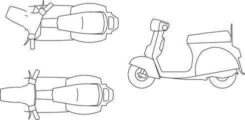 Vector sketch illustration of the silhouette design of detailed motorbike and bicycle transportation equipment seen from various sides 