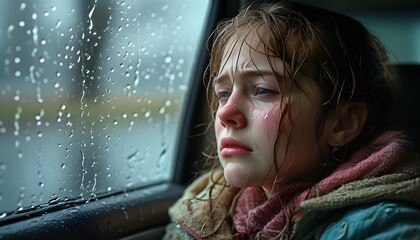 Wall Mural - Melancholic girl gazing outside a rain-soaked car window, tears blending with raindrops