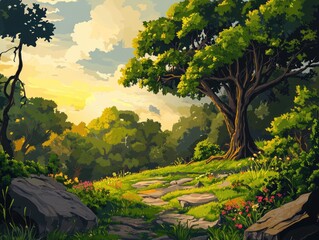 Wall Mural - forest landscape with trees and nature elements
