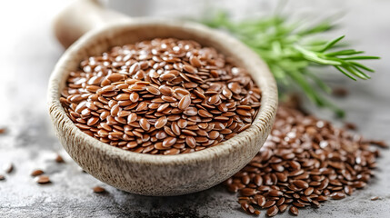 Flax seeds in wooden bowl