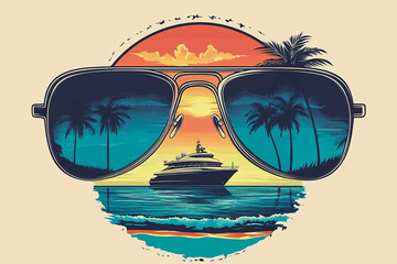 vintage illustration sunglass with  boat and palms