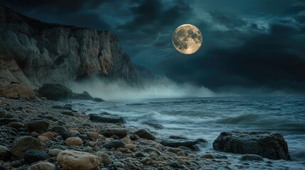 Wall Mural - misty stormy full moon night on a rocky beach stock image